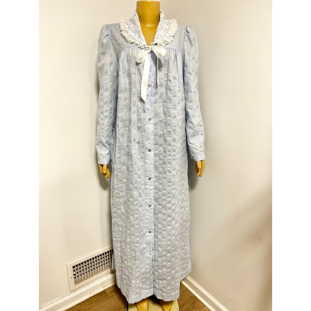 Vandemere Vintage Blue Lace Collar Nightgown Snap Front Robe Pockets Small